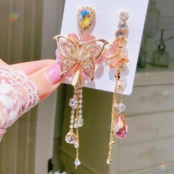 Pink Flower Butterfly Crystal Long Dangle Earrings - Picture 2 of 2